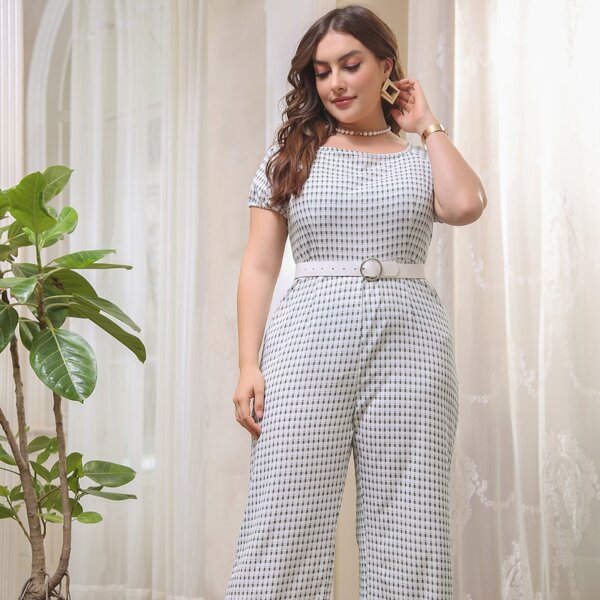 

Plus Plaid Wide Leg Belted Jumpsuit, Multicolor