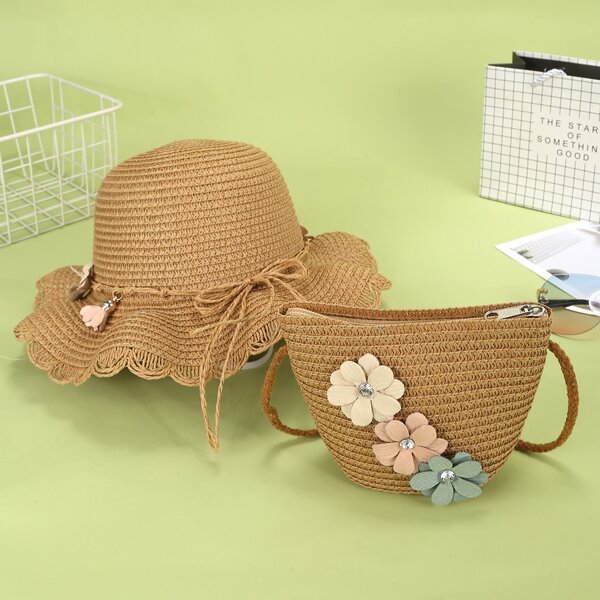 

Girls Floral Appliques Straw Bag With Hat, Khaki