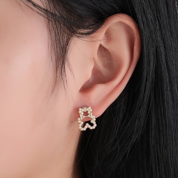 

Faux Pearl Decor Cartoon Bear Earrings, Gold