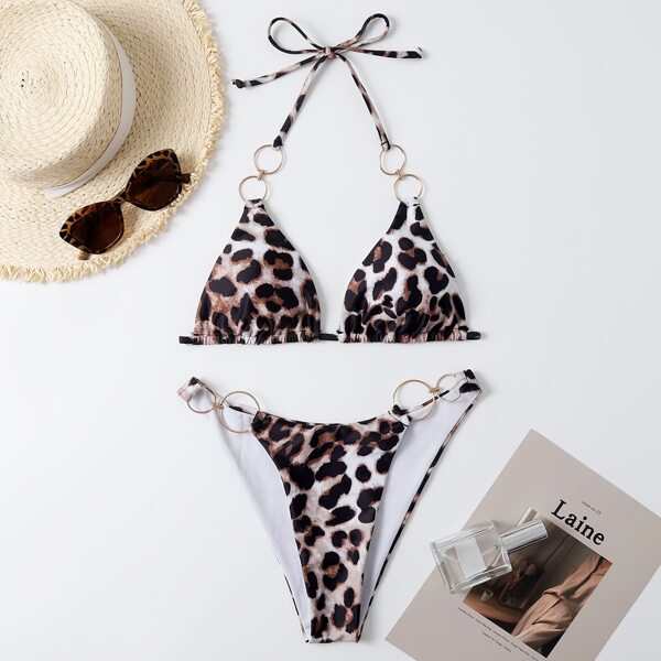

Leopard Ring Linked Triangle Bikini Swimsuit, Multicolor