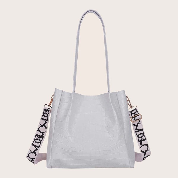 

Croc Embossed Tote Bag, White