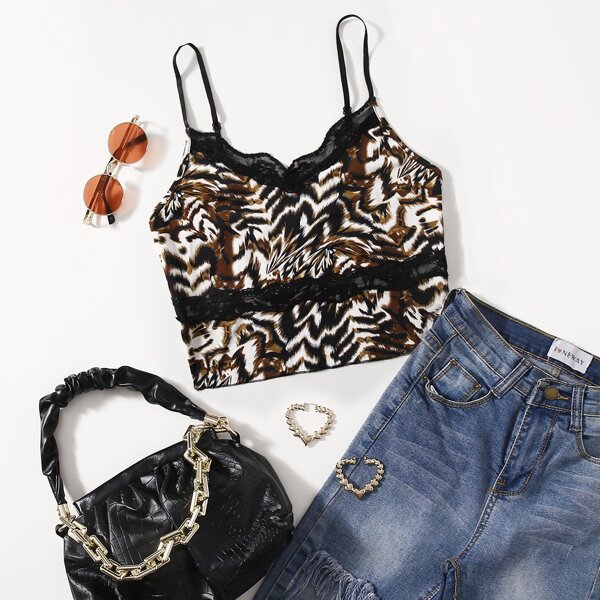 

Lace Trim Tiger Print Cami Top, Multicolor