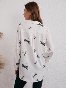 SHEIN LUNE 蜻蜓印花弧形下擺前排扣襯衫 - 白色 - 查看 2