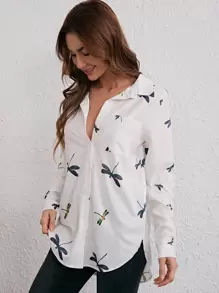 SHEIN LUNE 蜻蜓印花弧形下擺前排扣襯衫 - 白色 - 查看 3