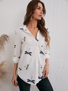 SHEIN LUNE 蜻蜓印花弧形下擺前排扣襯衫 - 白色 - 查看 4