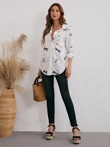 SHEIN LUNE 蜻蜓印花弧形下擺前排扣襯衫 - 白色 - 查看 5