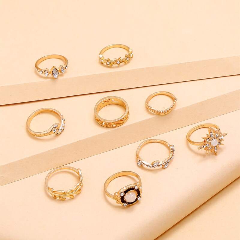 9pcs Rhinestone Decor Ring Set, Gold