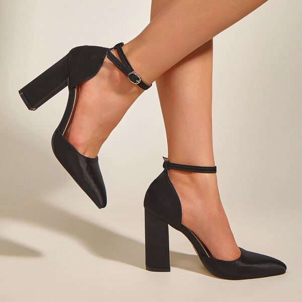 

Point Toe Chunky Heeled Ankle Strap Pumps, Black