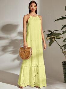 SHEIN VCAY Tie Back Halterneck Ruffle Hem Schiffy Dress - Yellow - View 1