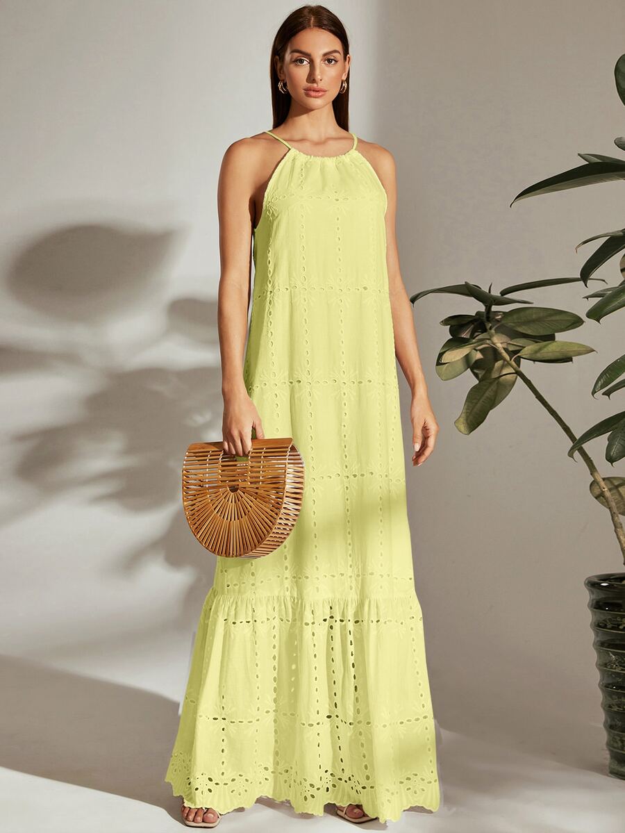 SHEIN VCAY Tie Back Halterneck Ruffle Hem Schiffy Dress - Yellow - View 1
