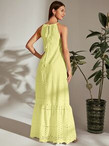 SHEIN VCAY Tie Back Halterneck Ruffle Hem Schiffy Dress - Yellow - View 2