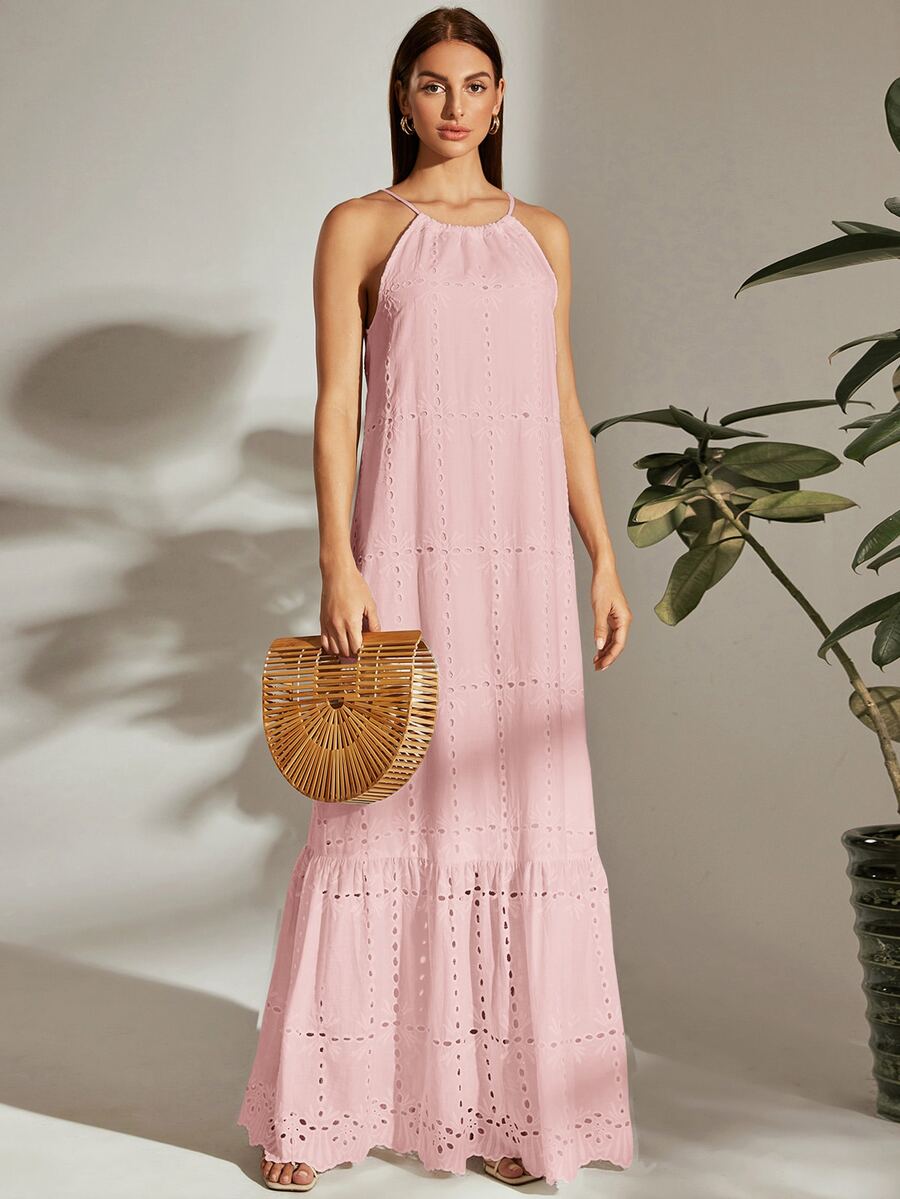 SHEIN VCAY Đầm Viên lá sen màu trơn Boho - Màu Hồng baby - Xem 1
