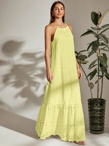 SHEIN VCAY Tie Back Halterneck Ruffle Hem Schiffy Dress - Yellow - View 3