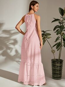 SHEIN VCAY Đầm Viên lá sen màu trơn Boho - Màu Hồng baby - Xem 2