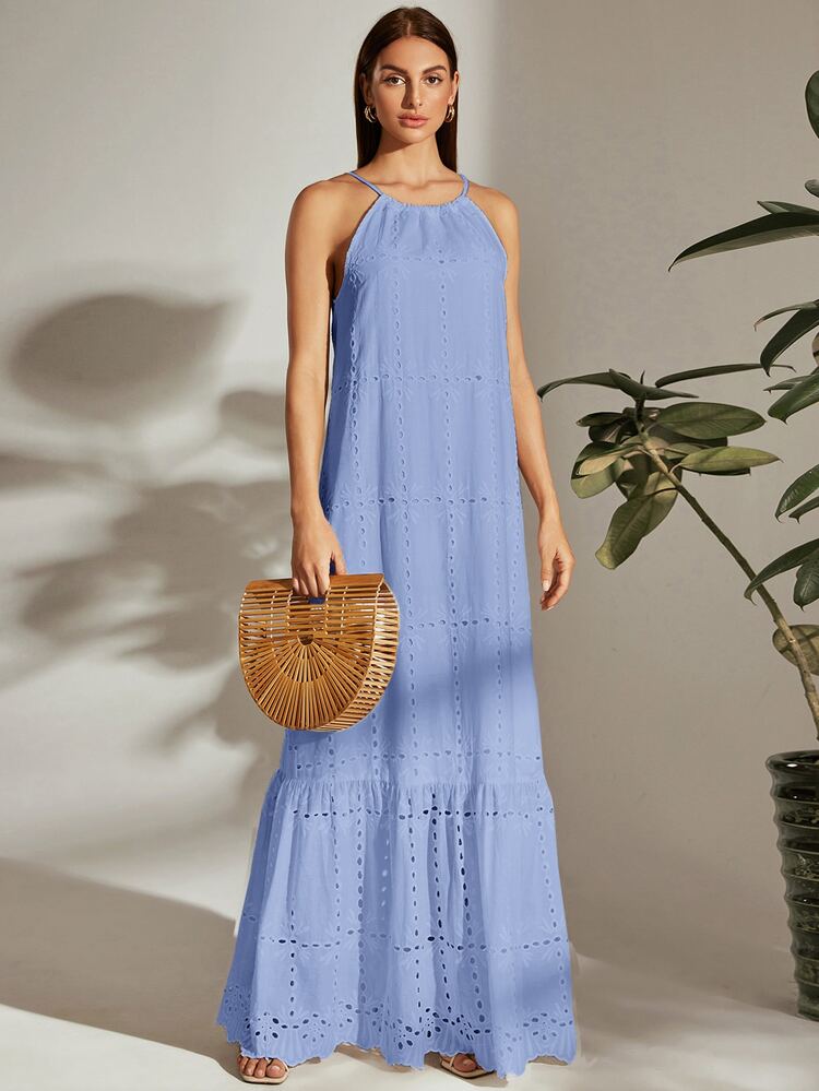 SHEIN VCAY Tie Back Halterneck Ruffle Hem Schiffy Dress - Blue - View 1