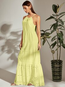 SHEIN VCAY Tie Back Halterneck Ruffle Hem Schiffy Dress - Yellow - View 4