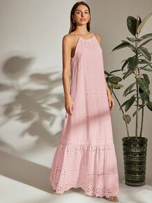 SHEIN VCAY Đầm Viên lá sen màu trơn Boho - Màu Hồng baby - Xem 3
