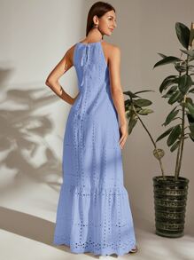 SHEIN VCAY Tie Back Halterneck Ruffle Hem Schiffy Dress - Blue - View 2