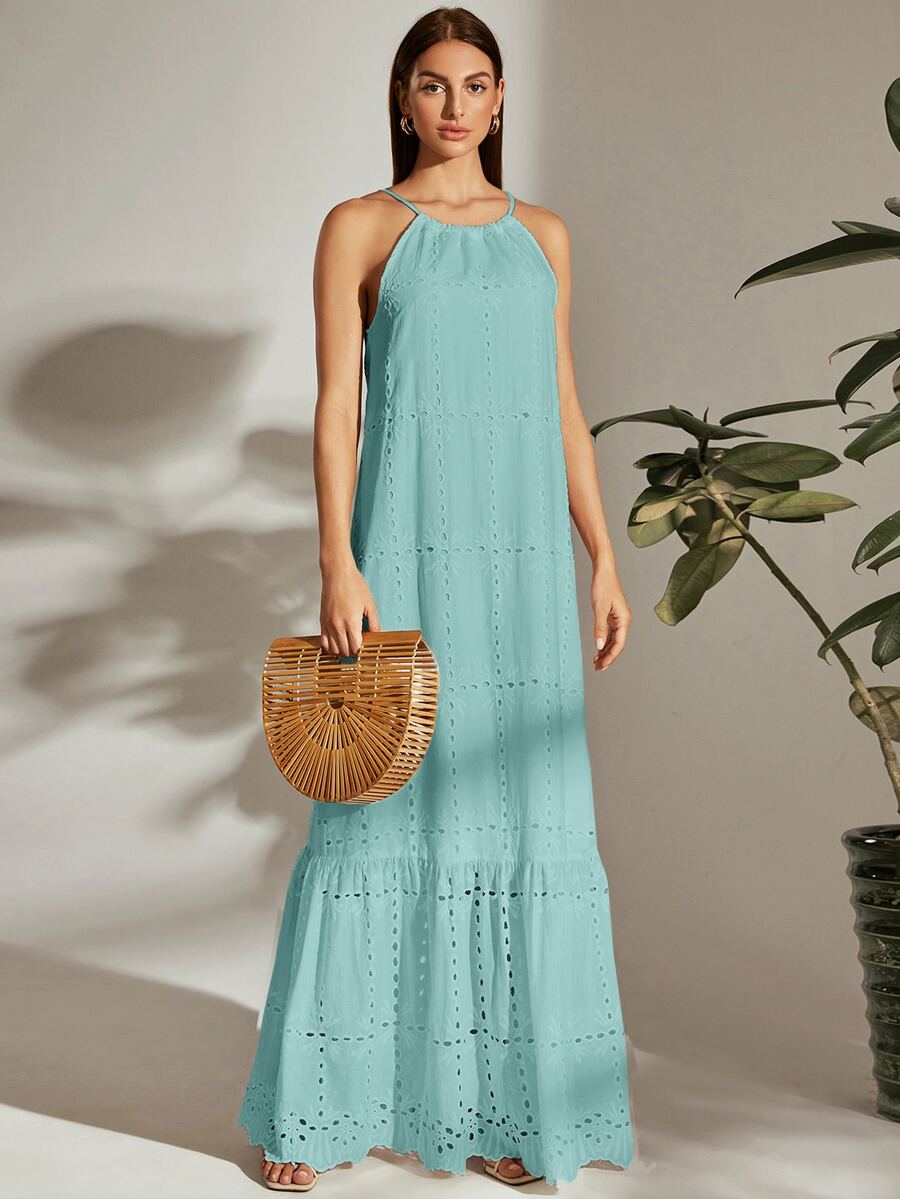 SHEIN VCAY Tie Back Halterneck Ruffle Hem Schiffy Dress - Mint Blue - View 1