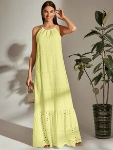SHEIN VCAY Tie Back Halterneck Ruffle Hem Schiffy Dress - Yellow - View 5