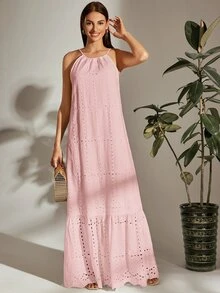 SHEIN VCAY Đầm Viên lá sen màu trơn Boho - Màu Hồng baby - Xem 4