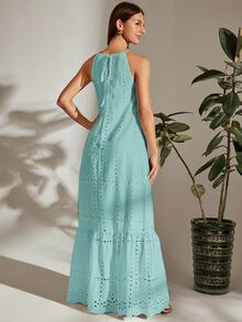 SHEIN VCAY Tie Back Halterneck Ruffle Hem Schiffy Dress - Mint Blue - View 2