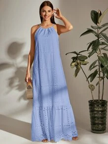 SHEIN VCAY Tie Back Halterneck Ruffle Hem Schiffy Dress - Blue - View 3