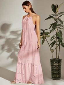 SHEIN VCAY Đầm Viên lá sen màu trơn Boho - Màu Hồng baby - Xem 5