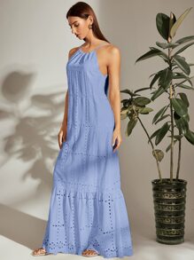 SHEIN VCAY Tie Back Halterneck Ruffle Hem Schiffy Dress - Blue - View 4
