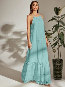 SHEIN VCAY Tie Back Halterneck Ruffle Hem Schiffy Dress - Mint Blue - View 3
