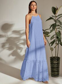 SHEIN VCAY Tie Back Halterneck Ruffle Hem Schiffy Dress - Blue - View 5