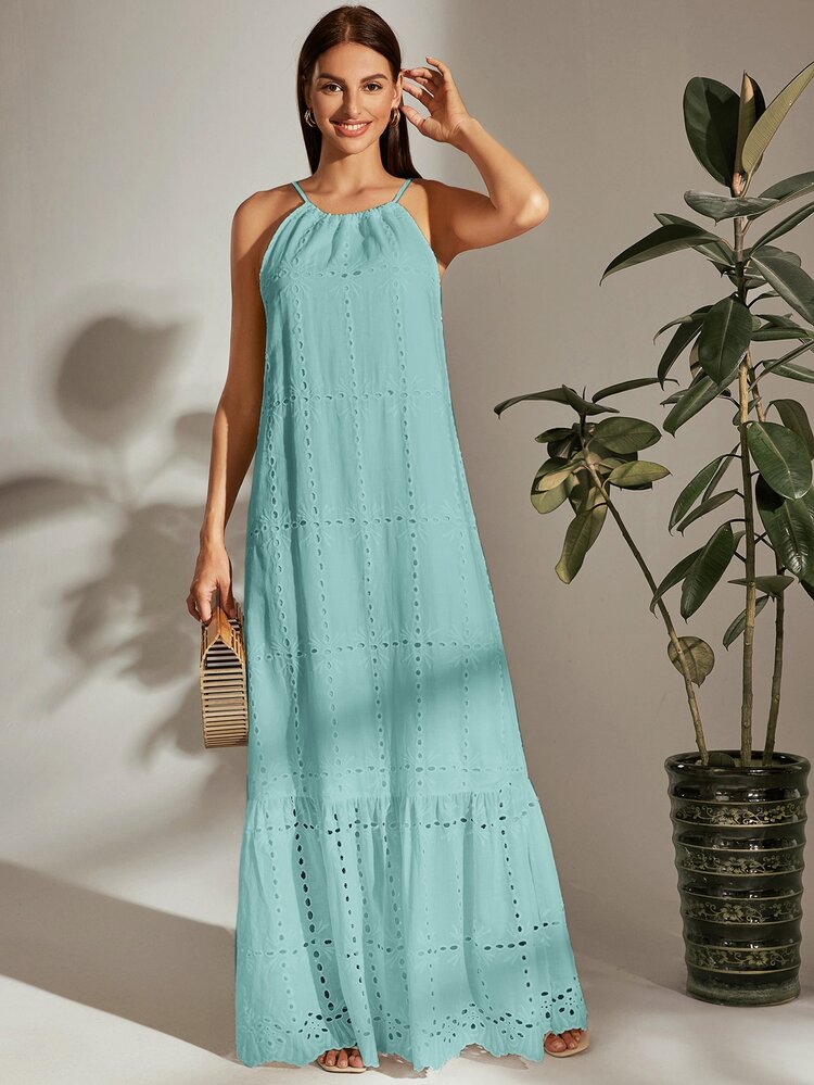 SHEIN VCAY Tie Back Halterneck Ruffle Hem Schiffy Dress - Mint Blue - View 4