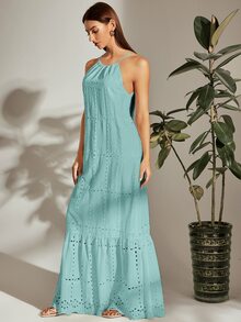 SHEIN VCAY Tie Back Halterneck Ruffle Hem Schiffy Dress - Mint Blue - View 5