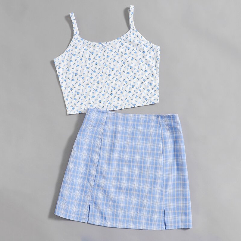 

Ditsy Floral Cami & Plaid Skirt, Blue and white