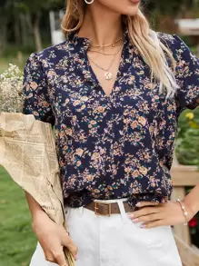 SHEIN Frenchy Allover Floral Notch Neck Blouse Summer Flower - Multicolor - View 1