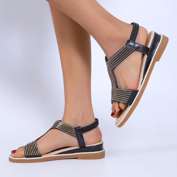 

Rhinestone Decor Flat Sandals, Black