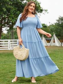 Mulvari Plus Size 1pc Butterfly Sleeve Shirred Dress - Baby Blue - View 4