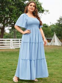 Mulvari Plus Size 1pc Butterfly Sleeve Shirred Dress - Baby Blue - View 6