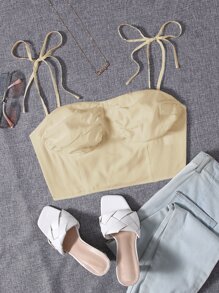 繫肩帶抽褶露肩短版吊帶上衣 - 卡其色 - 查看 1