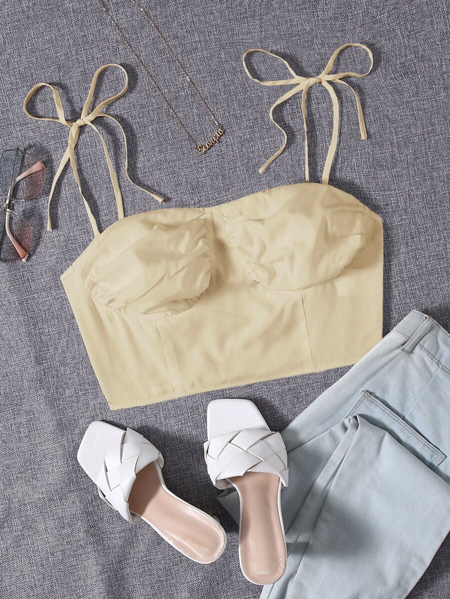 繫肩帶抽褶露肩短版吊帶上衣 - 卡其色 - 查看 1