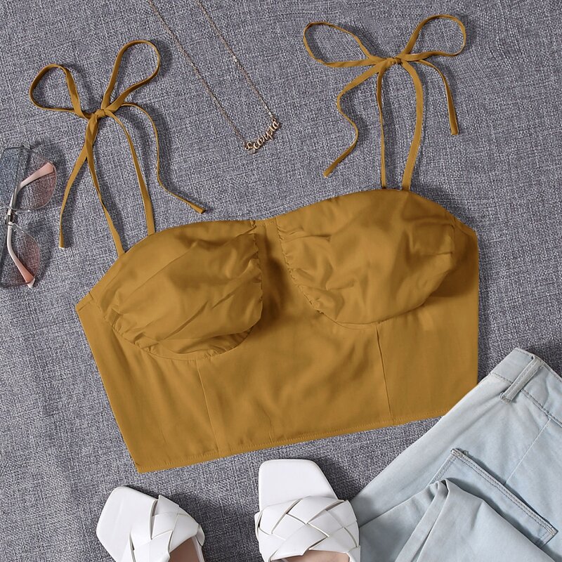 

Tie Shoulder Ruched Bustier Crop Cami Top, Mustard yellow