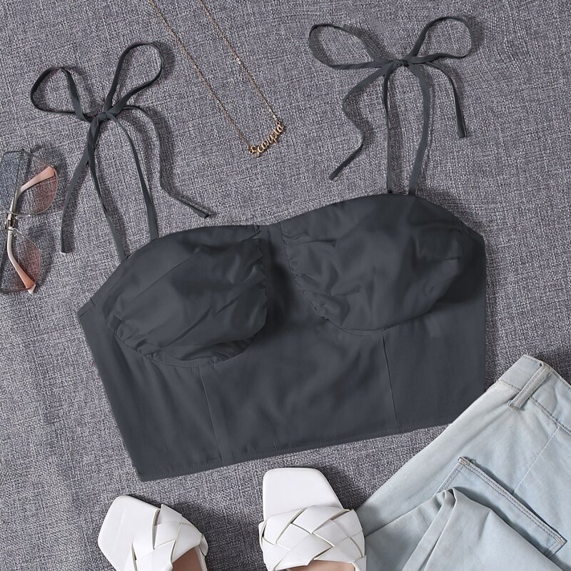 

Tie Shoulder Ruched Bustier Crop Cami Top, Dark grey