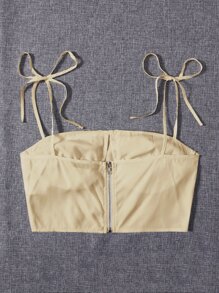 繫肩帶抽褶露肩短版吊帶上衣 - 卡其色 - 查看 2