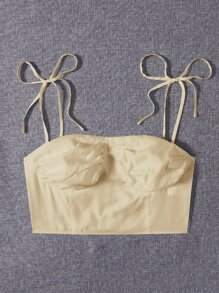 繫肩帶抽褶露肩短版吊帶上衣 - 卡其色 - 查看 5