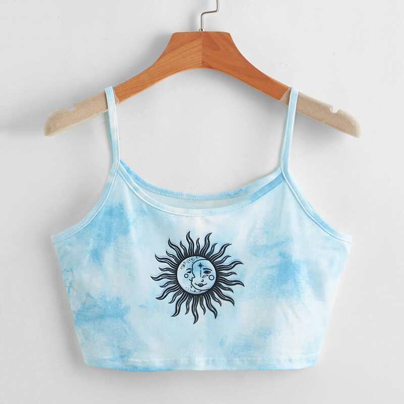 

Sun & Moon Graphic Tie Dye Crop Cami, Baby blue