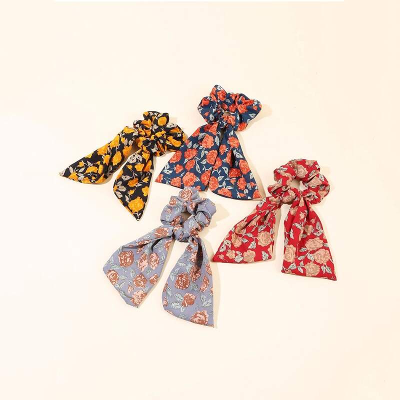 

4pcs Floral Pattern Scrunchie Scarf, Multicolor