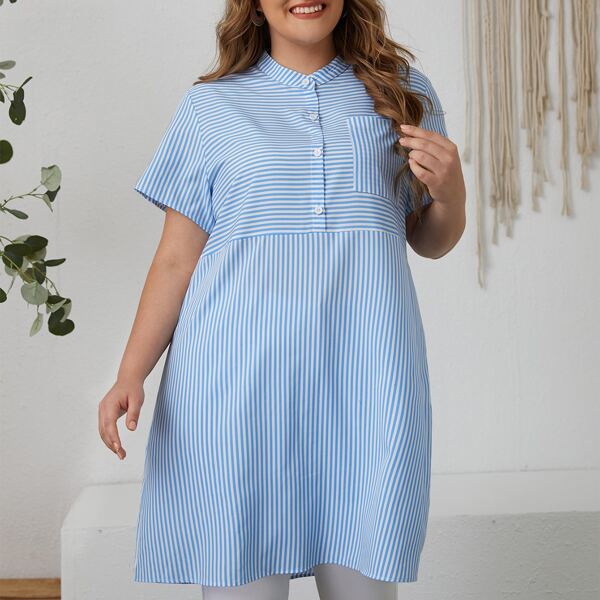 

Plus Striped Button Half Dress, Blue and white