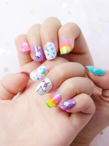 24pcs Short Square Fake Nail Press On Nails Nail Supplies - Multicolor - View 1