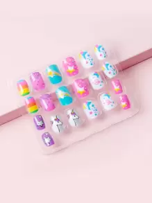 24pcs Short Square Fake Nail Press On Nails Nail Supplies - Multicolor - View 2