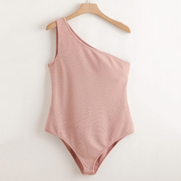 

Plus One Shoulder Rib-knit Bodysuit, Coral pink